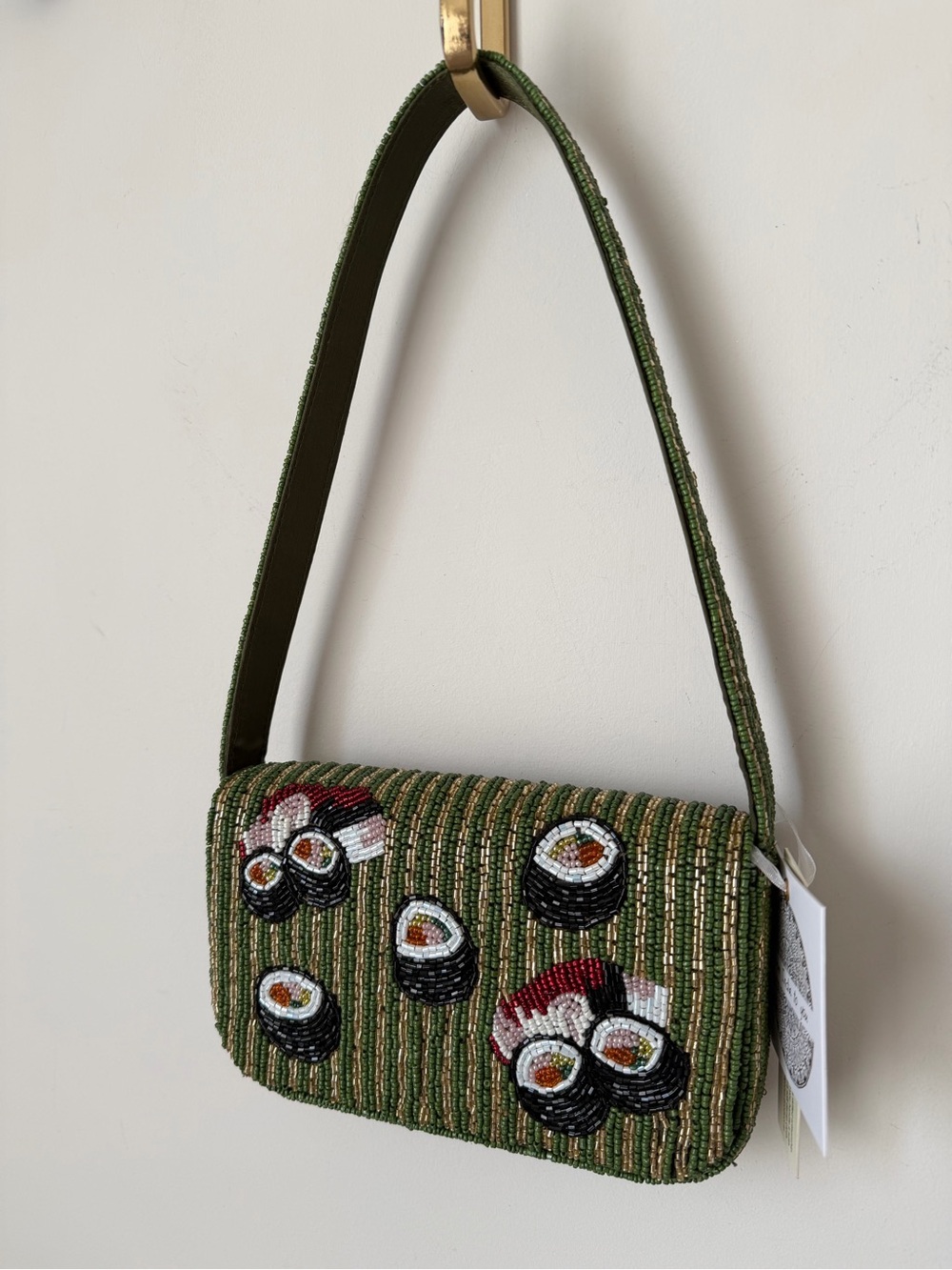 Beaded Green Sushi gold striped Shoulder Bag